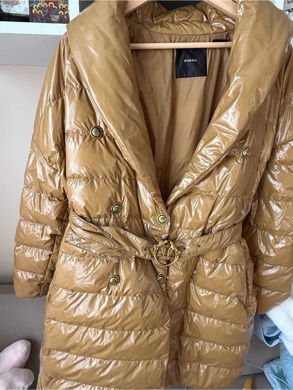 Pinko Glossy Camel/Tan Quilted Puffer Coat with Belt